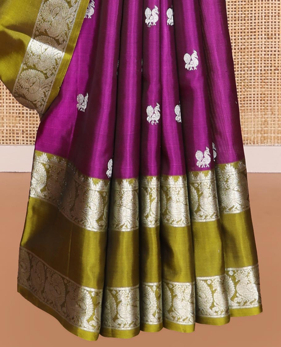 Purple motifs venkatagiri silk saree with contrast rettai pettu peacock zari design border & argyle design pallu