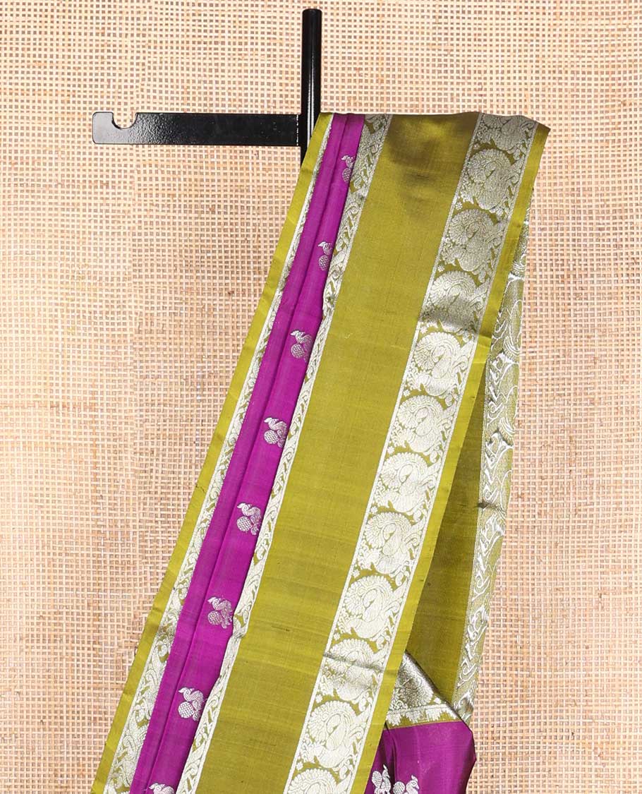 Purple motifs venkatagiri silk saree with contrast rettai pettu peacock zari design border & argyle design pallu
