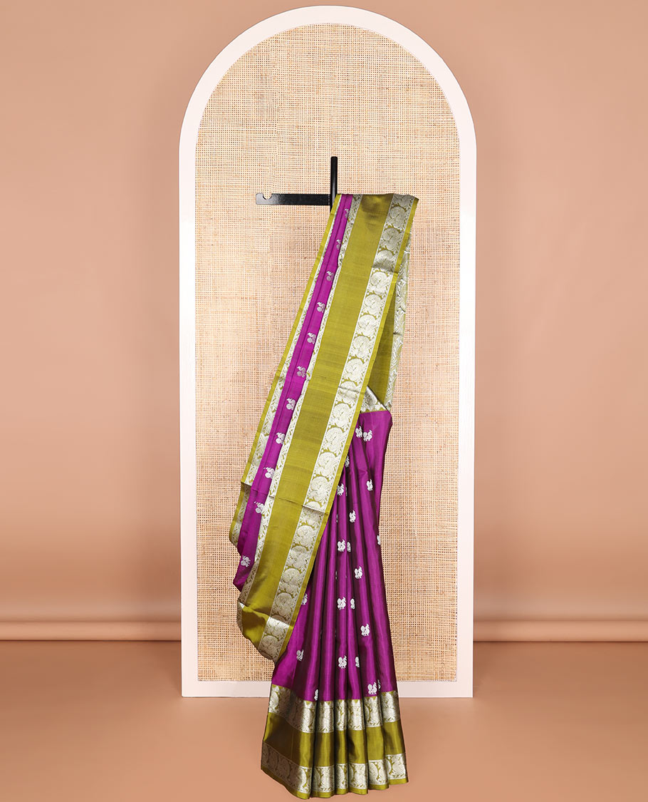 Purple motifs venkatagiri silk saree with contrast rettai pettu peacock zari design border & argyle design pallu