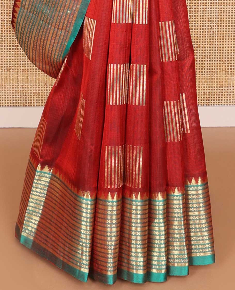 Red checkered venkatagiri silk saree with contrast intricate zari design border & argyle design pallu