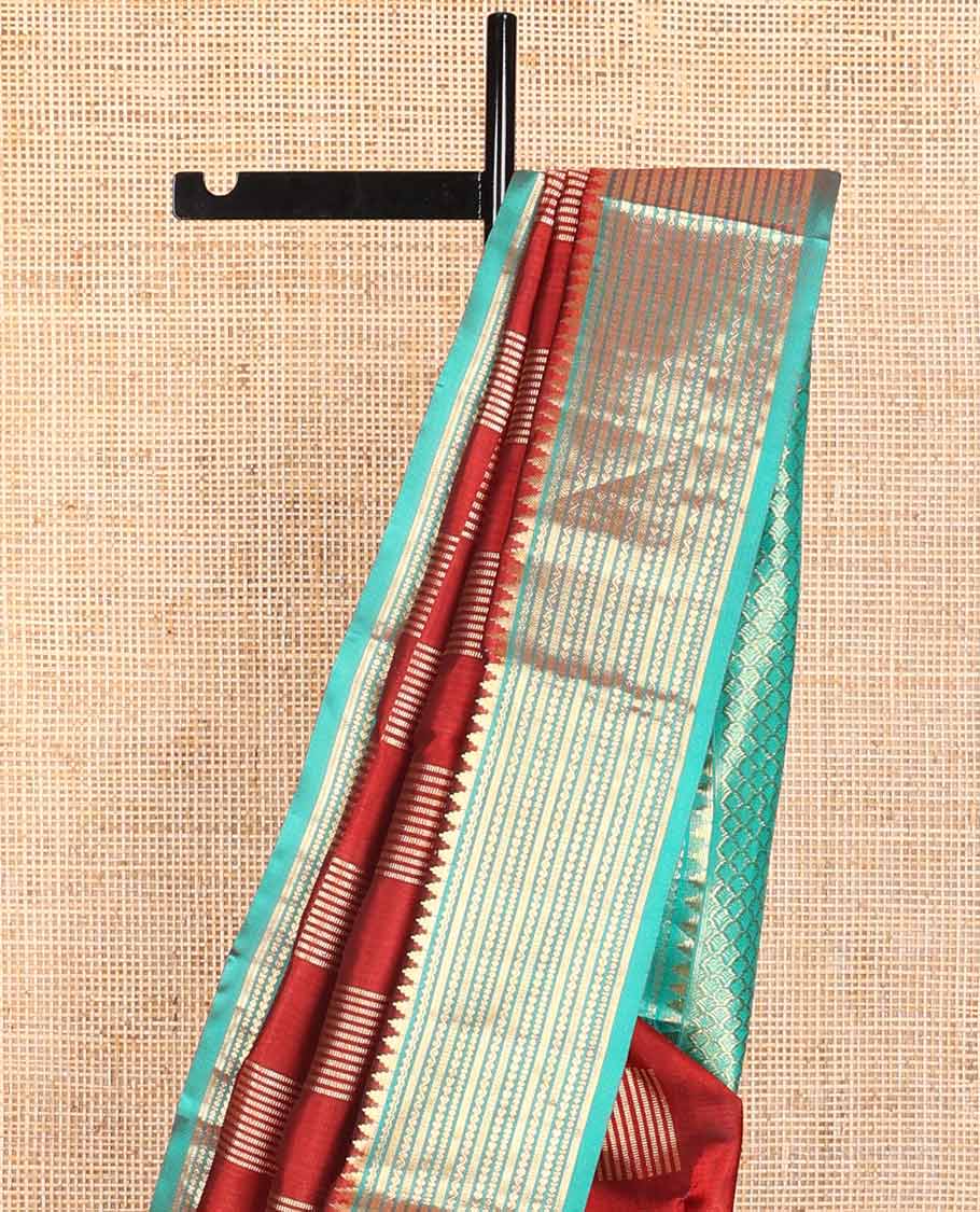 Red checkered venkatagiri silk saree with contrast intricate zari design border & argyle design pallu