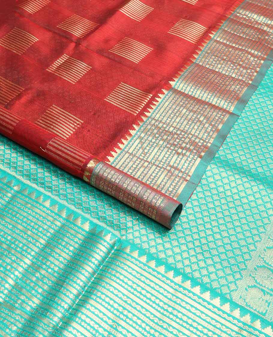 Red checkered venkatagiri silk saree with contrast intricate zari design border & argyle design pallu