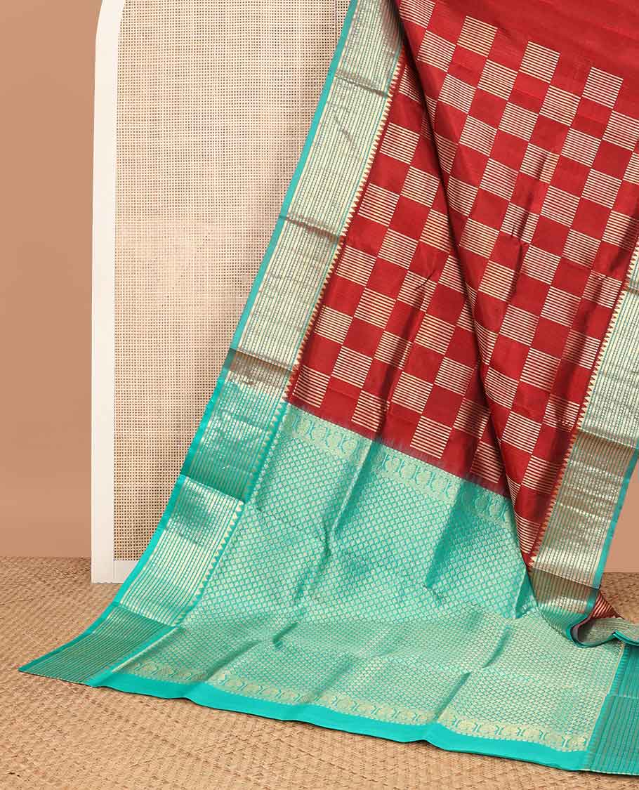 Red checkered venkatagiri silk saree with contrast intricate zari design border & argyle design pallu