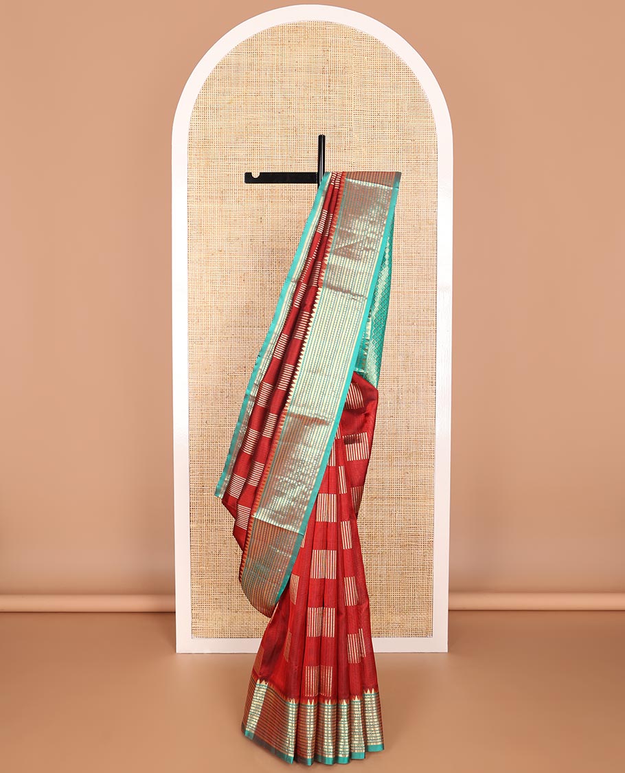 Red checkered venkatagiri silk saree with contrast intricate zari design border & argyle design pallu