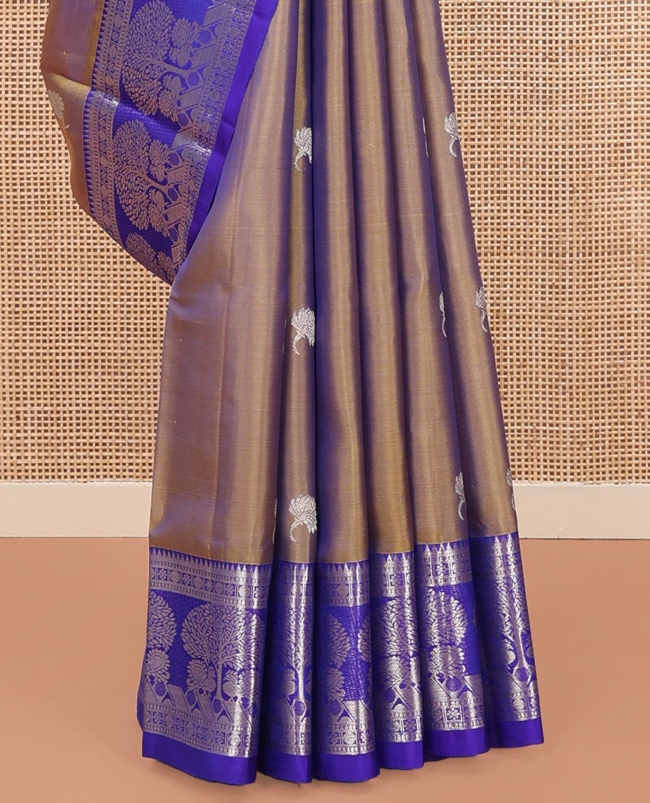 Green Venkatagiri Silk Saree, Enriched with Zari Buttas All Over Its Body, Complemented by a Contrast Traditional Zari Border of Tree Designs, Pallu Steeped with Leaf Designs, and Paired with a Contrast Blouse