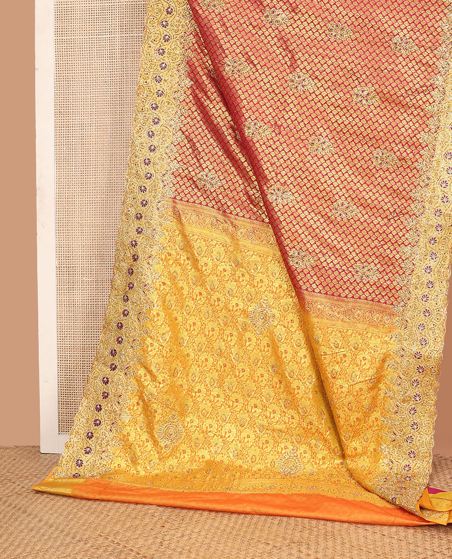 Red jacquard embroidered silk saree, contrast stone embroidered scallop zari border & zari woven & stone embroidered pallu