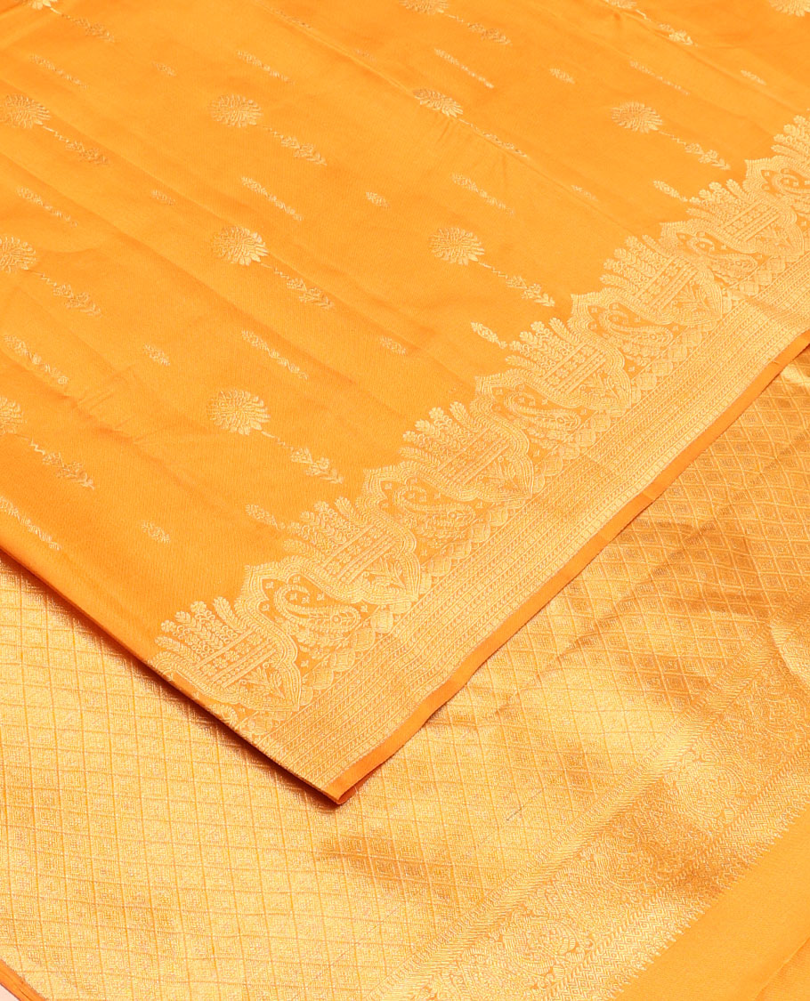 Yellow zari buttas vasundhara silk mix saree, traditional zari border & jaal design woven pallu