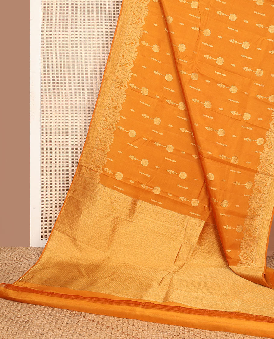 Yellow zari buttas vasundhara silk mix saree, traditional zari border & jaal design woven pallu