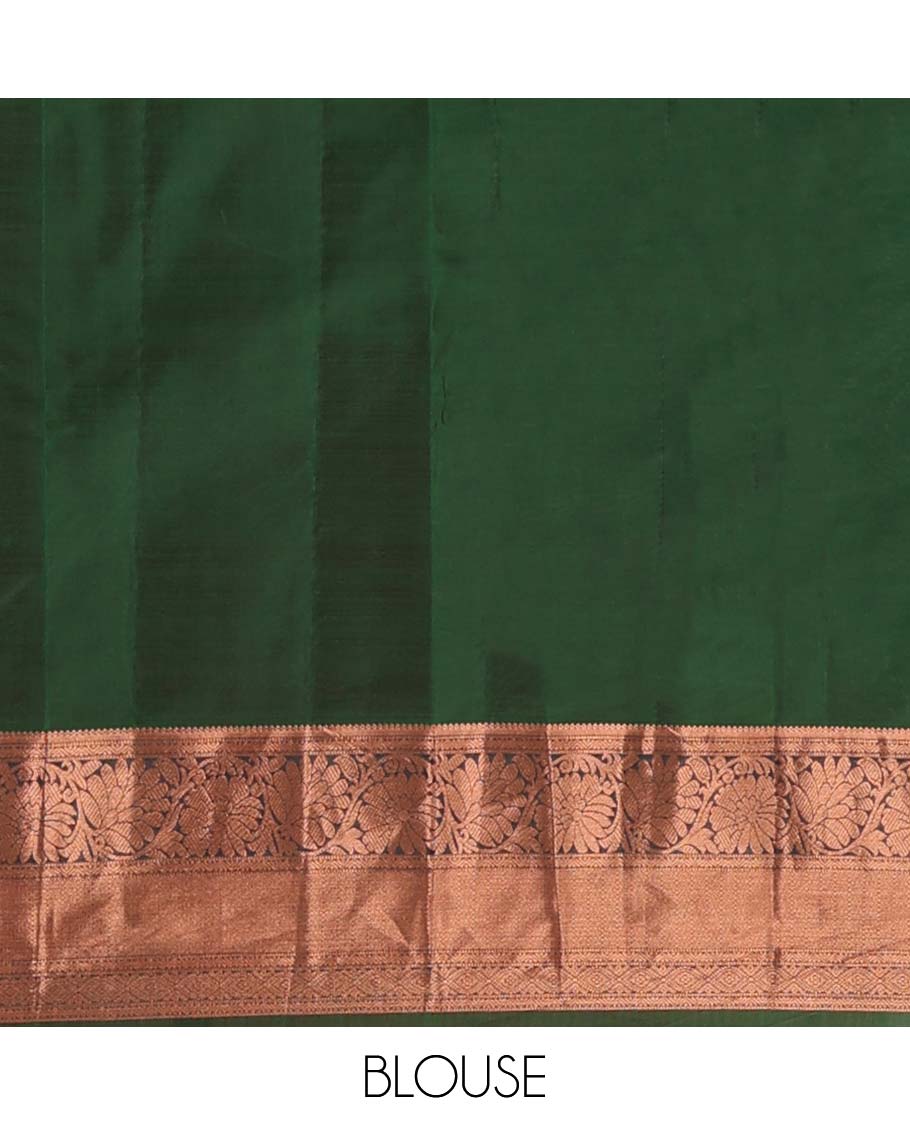 Green zari design Vasundhara silk mix saree, contrast border of rekku, muthu, neli, and kodi visiry design, and ogee patterned pallu