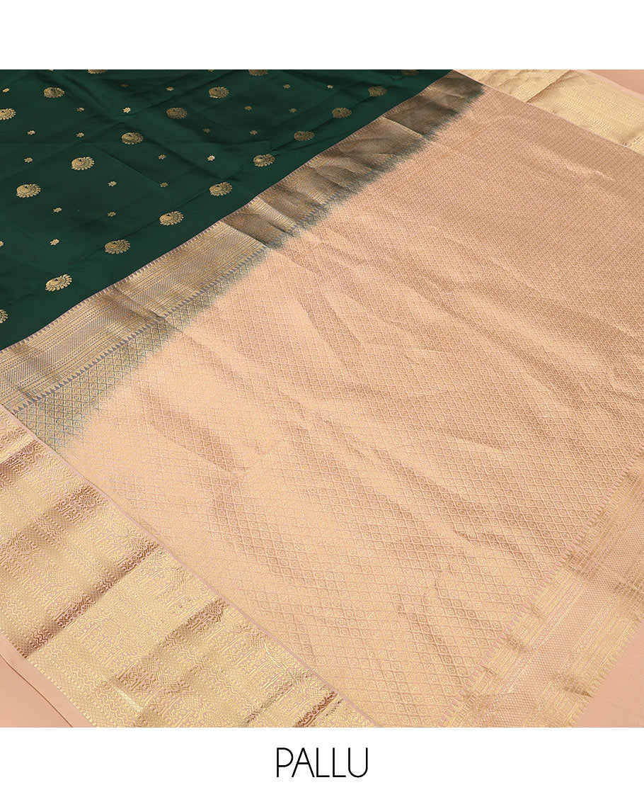 Green Vasundhara Lite Silk Mix Saree Spotlighted with Zari Buttas, Complemented by a Contrast Border Depicting Paneer Sombu, Muthu, Dhavana Kodi, Mayil Kann, Neli, and Lavangam Designs, Featuring a Zari-Elevated Jaal Pallu, Paired with a Contrast Blouse