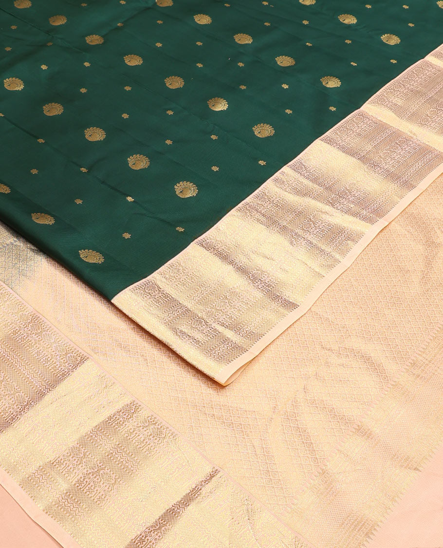 Green Vasundhara Lite Silk Mix Saree Spotlighted with Zari Buttas, Complemented by a Contrast Border Depicting Paneer Sombu, Muthu, Dhavana Kodi, Mayil Kann, Neli, and Lavangam Designs, Featuring a Zari-Elevated Jaal Pallu, Paired with a Contrast Blouse