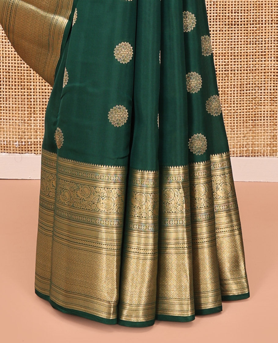 Green Vasundhara Lite Silk Mix Saree, Spotlighted with Zari Buttas On Its Body, Highlighted by Zari Border of Rekku, Kamalam, Mayil, and Jaal Designs, Intricate Pallu and Paired with a Matching Blouse