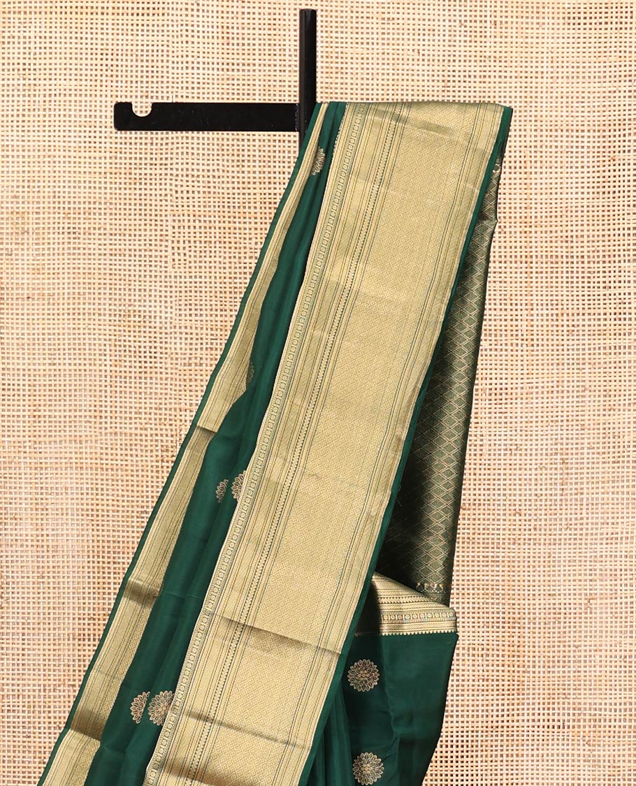 Green Vasundhara Lite Silk Mix Saree, Spotlighted with Zari Buttas On Its Body, Highlighted by Zari Border of Rekku, Kamalam, Mayil, and Jaal Designs, Intricate Pallu and Paired with a Matching Blouse