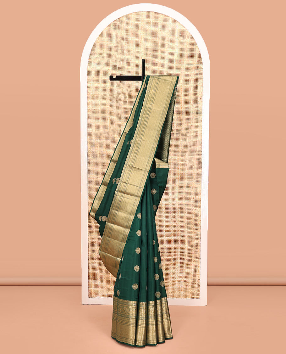 Green Vasundhara Lite Silk Mix Saree, Spotlighted with Zari Buttas On Its Body, Highlighted by Zari Border of Rekku, Kamalam, Mayil, and Jaal Designs, Intricate Pallu and Paired with a Matching Blouse