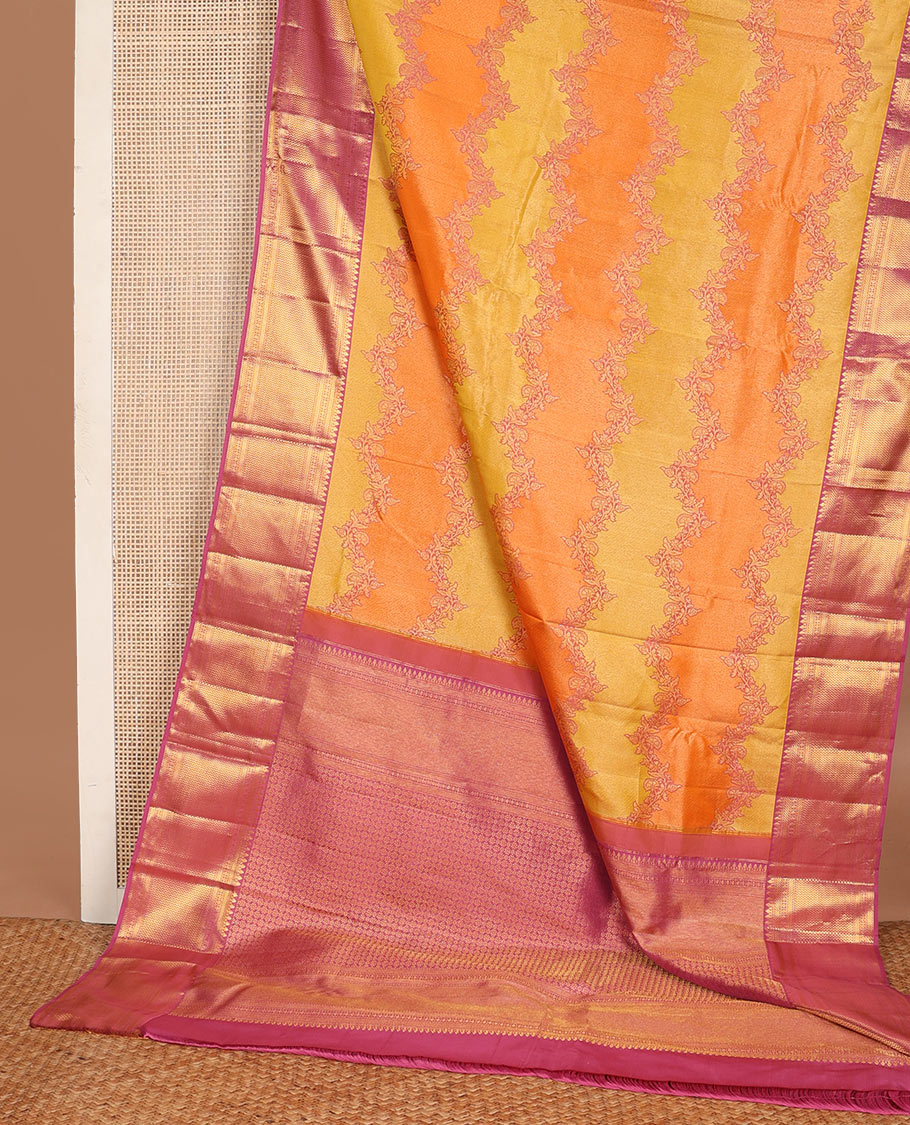 Yellow rangkat-style floral vine wedding silk saree, contrast border of thilakam mokku, banaras, rudraksham & vanki designs