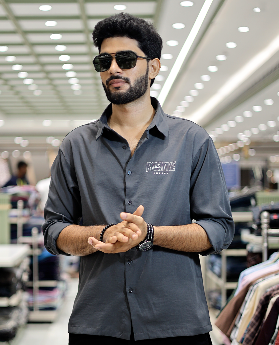 Grey Poly-Blended Back Flap Casual Shirt