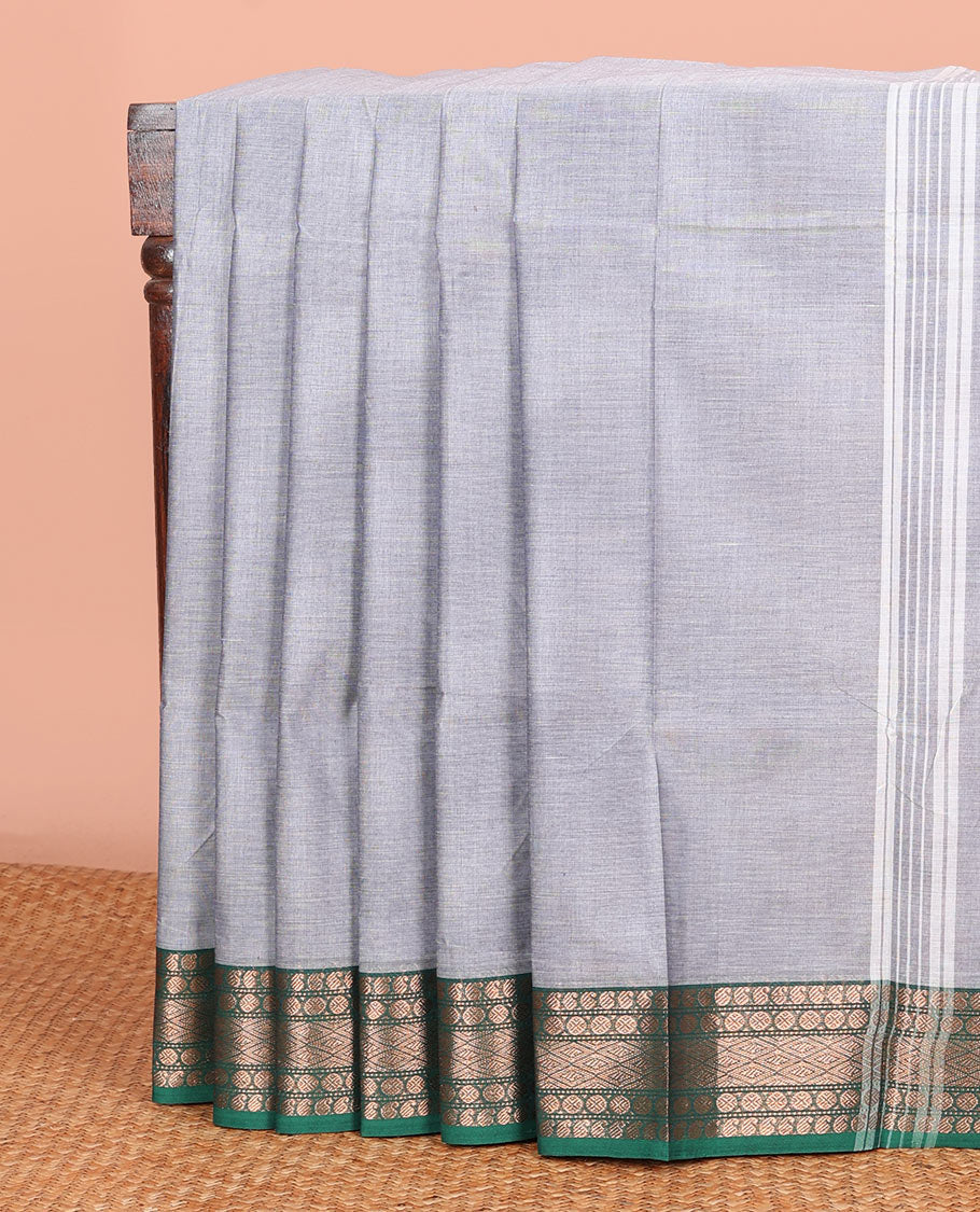 Grey Plain Chettinad Cotton Saree, Complemented by a Contrast Traditional Motifs Woven Zari Border, Subtly Striped Pallu, and Paired with a Matching Blouse