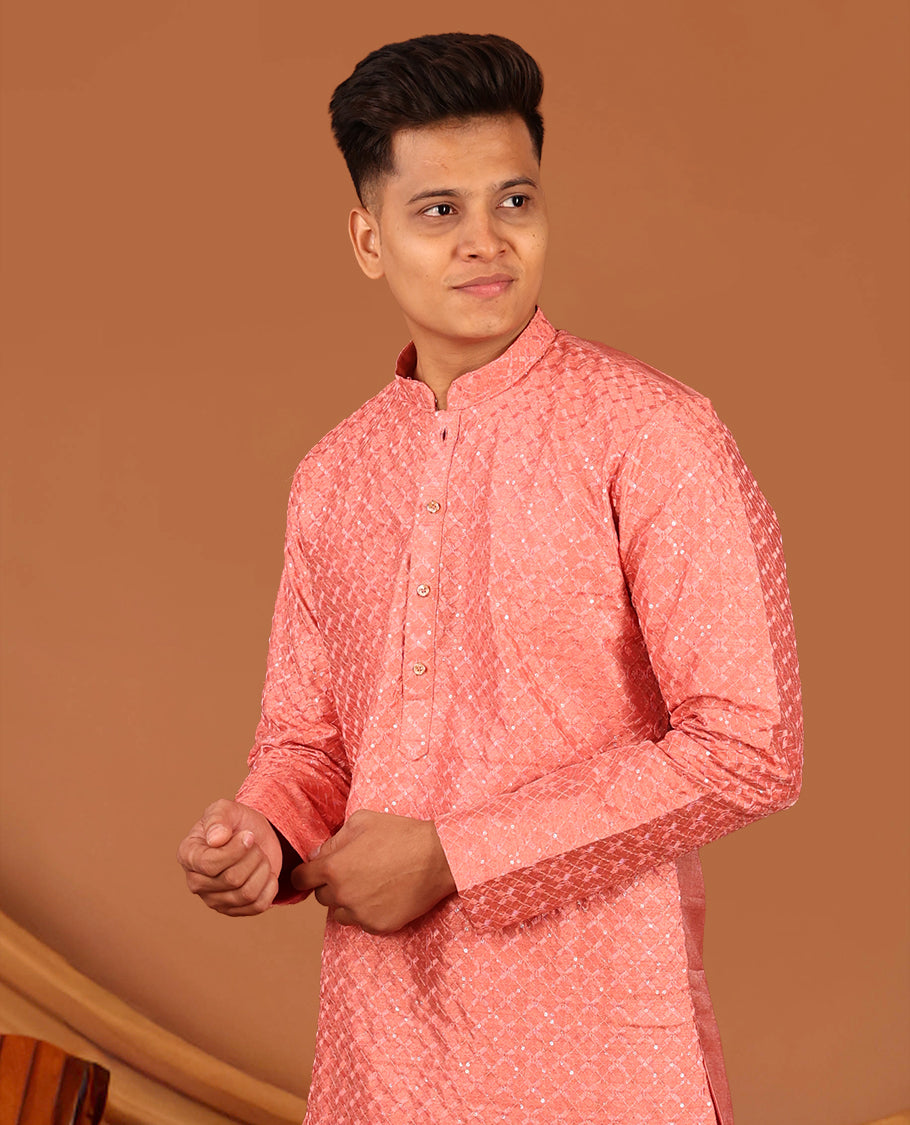 Peach Sequins and Thread Embroidered Full-Sleeved Men's Kurta