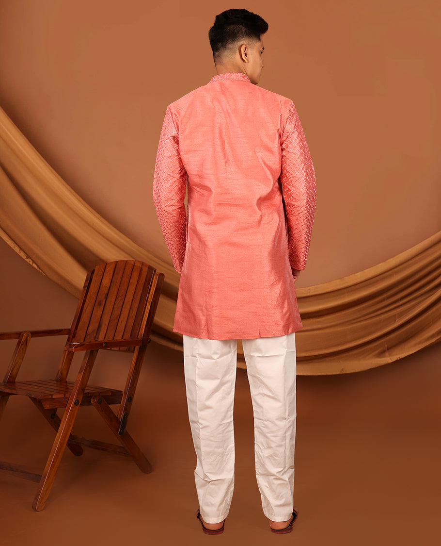 Peach Sequins and Thread Embroidered Full-Sleeved Men's Kurta