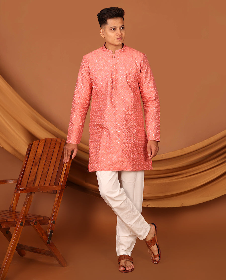 Peach Sequins and Thread Embroidered Full-Sleeved Men's Kurta