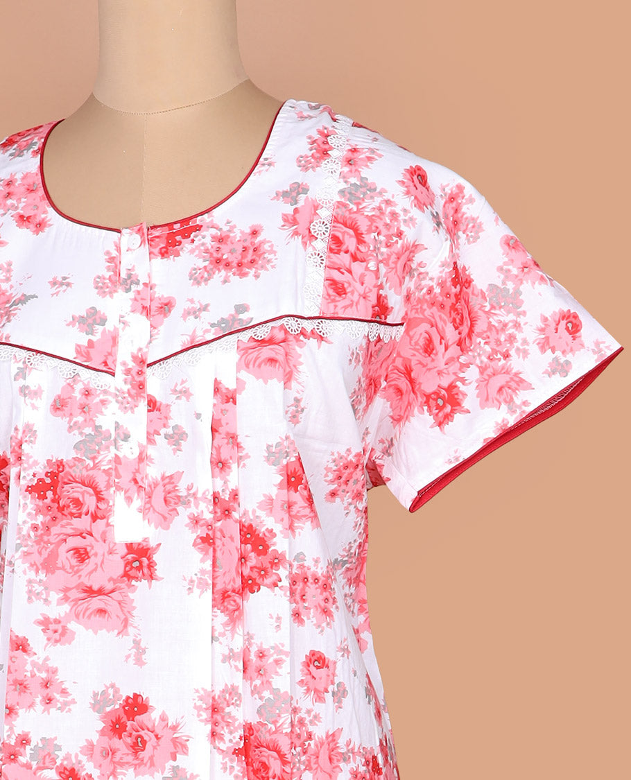 White floral printed with round necked lace work half-sleeve cotton nighty