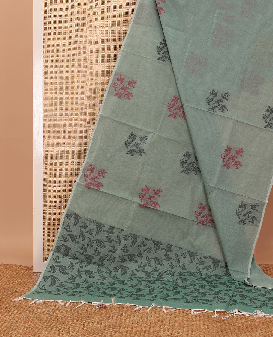 Borderless green bird buttas Coimbatore cotton saree, pallu steeped with bird motifs