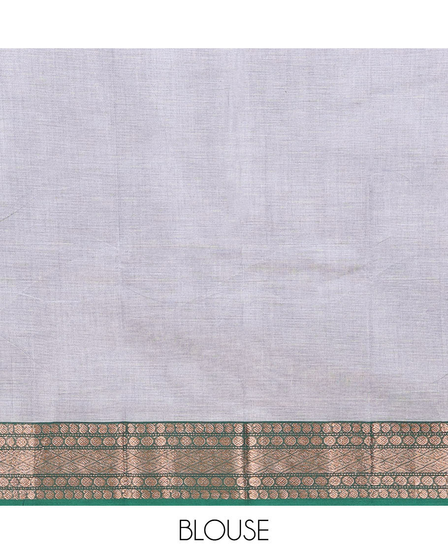 Grey Plain Chettinad Cotton Saree, Complemented by a Contrast Traditional Motifs Woven Zari Border, Subtly Striped Pallu, and Paired with a Matching Blouse
