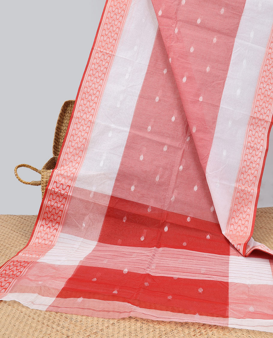 Red Bengal cotton saree with buttas, self-border & unique design pallu