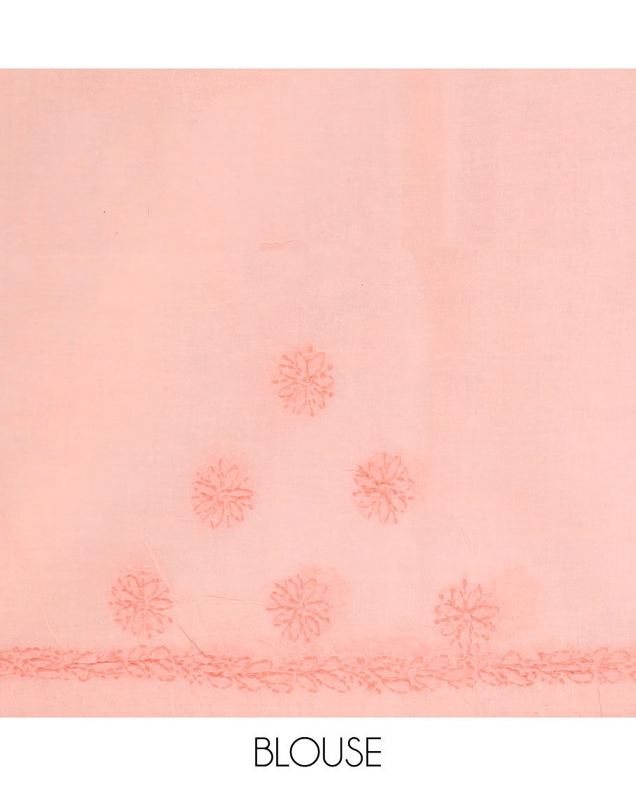 Pink flower butta thread embroidered Lucknowi chikankari saree, self-border, & floral embroidered pallu