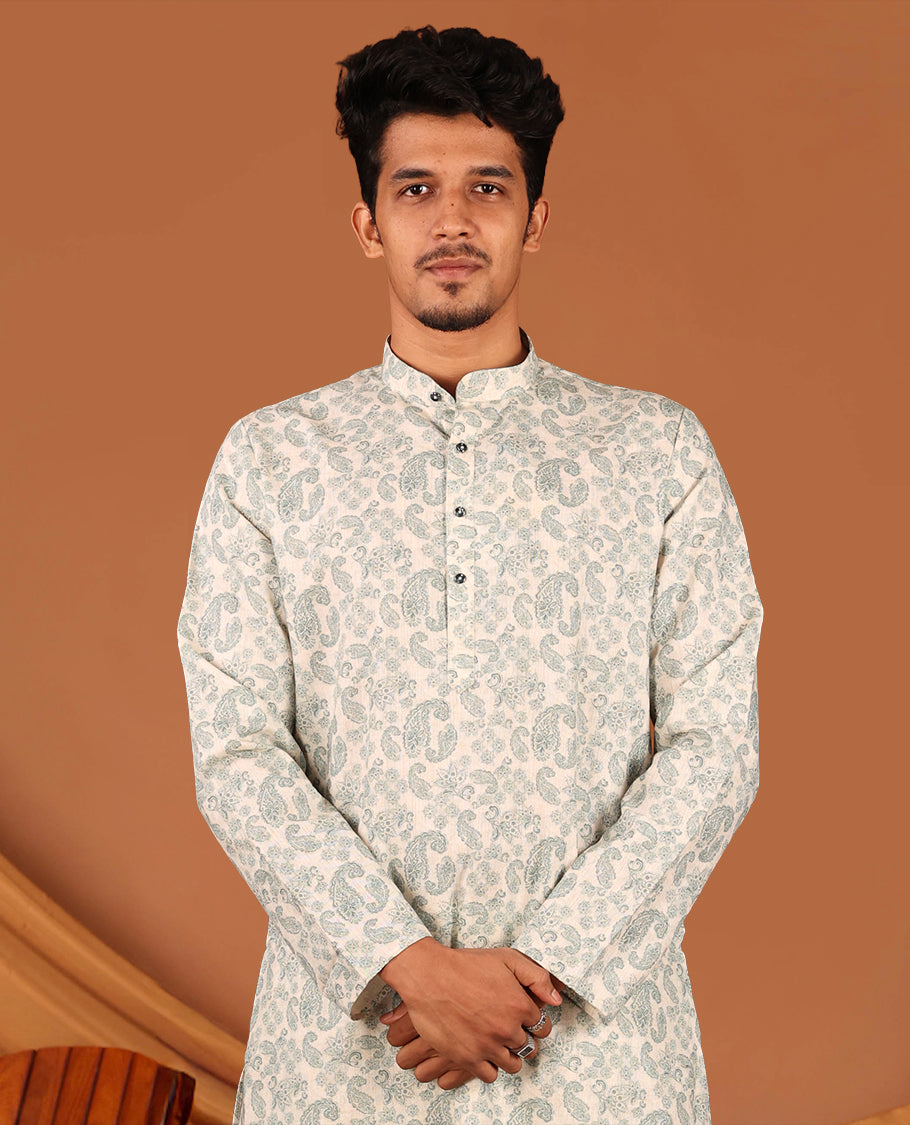 Off-white Paisley Design Full-Sleeved Men's Kurta