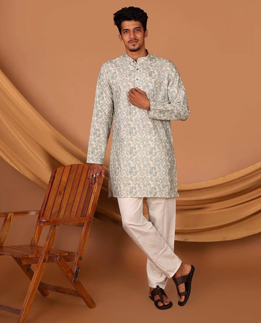 Off-white Paisley Design Full-Sleeved Men's Kurta