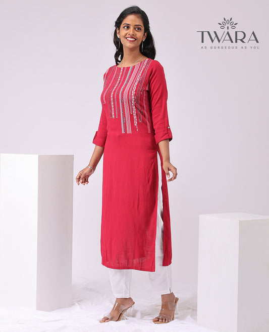 Twara red intricate embroidered round neck , 3/4 th sleeve , below knee leght straight cut kurti