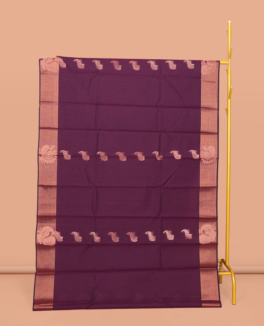 Purple Semi-Silk Cotton Saree, Bedecked with Peacock Buttas All Over Its Body, Highlighted by a Self-Border of Peacocks, Pallu Steeped with Peacock Designs, and Paired with a Matching Blouse