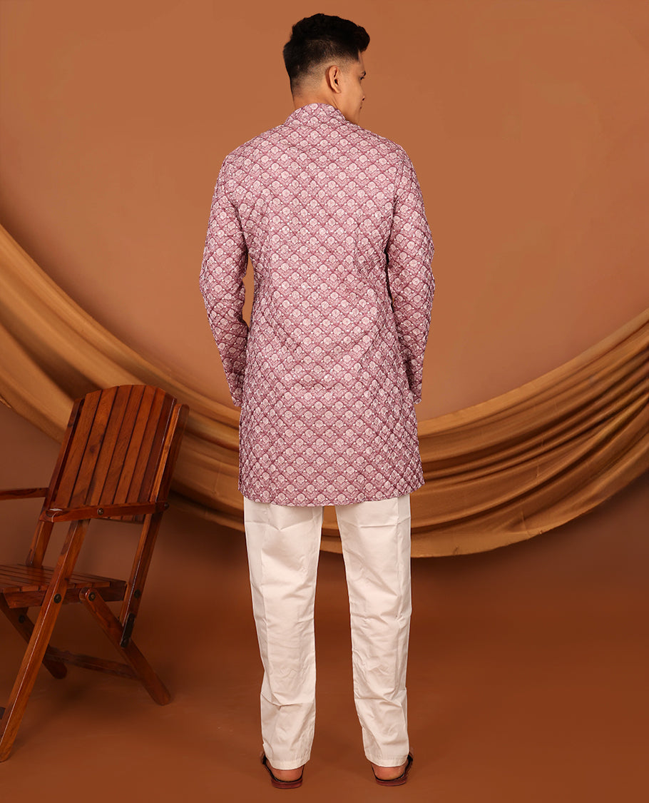 Rosewood Pink Floral Jaal Printed and Sequined Full-Sleeved Men's Kurta