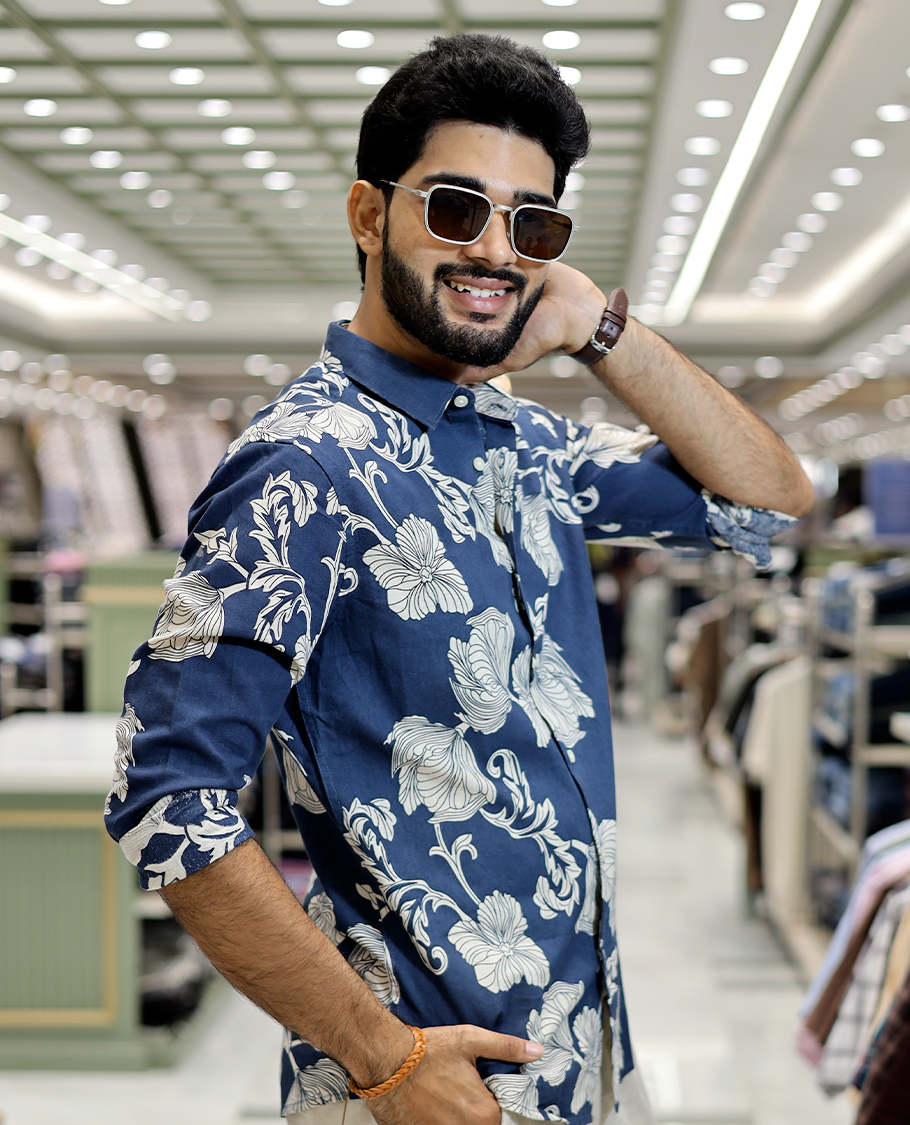Navy Blue Cotton-Blended Casual Shirt