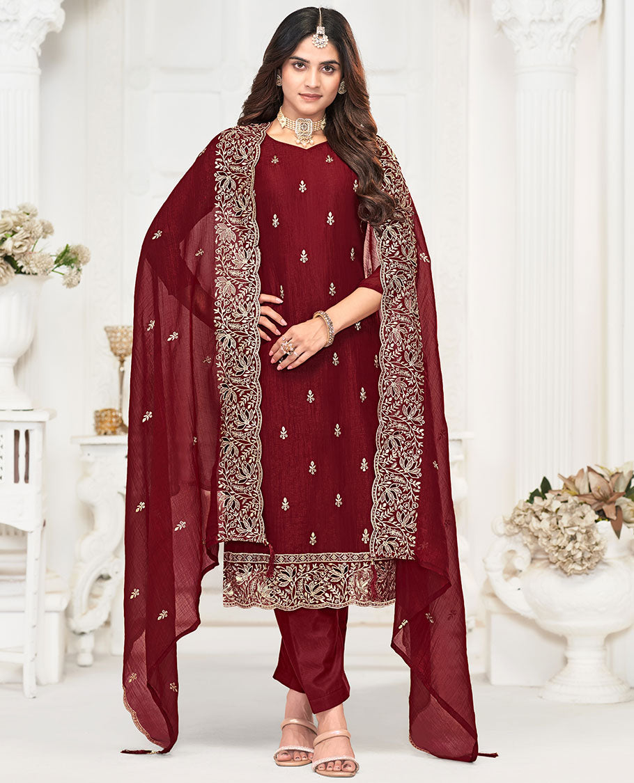 Maroon material churidar catalouge floral thread embroidery with self plain bottom & floral tread embroidery , scallop border