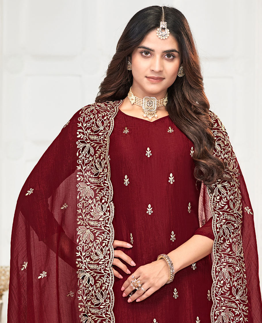 Maroon material churidar catalouge floral thread embroidery with self plain bottom & floral tread embroidery , scallop border