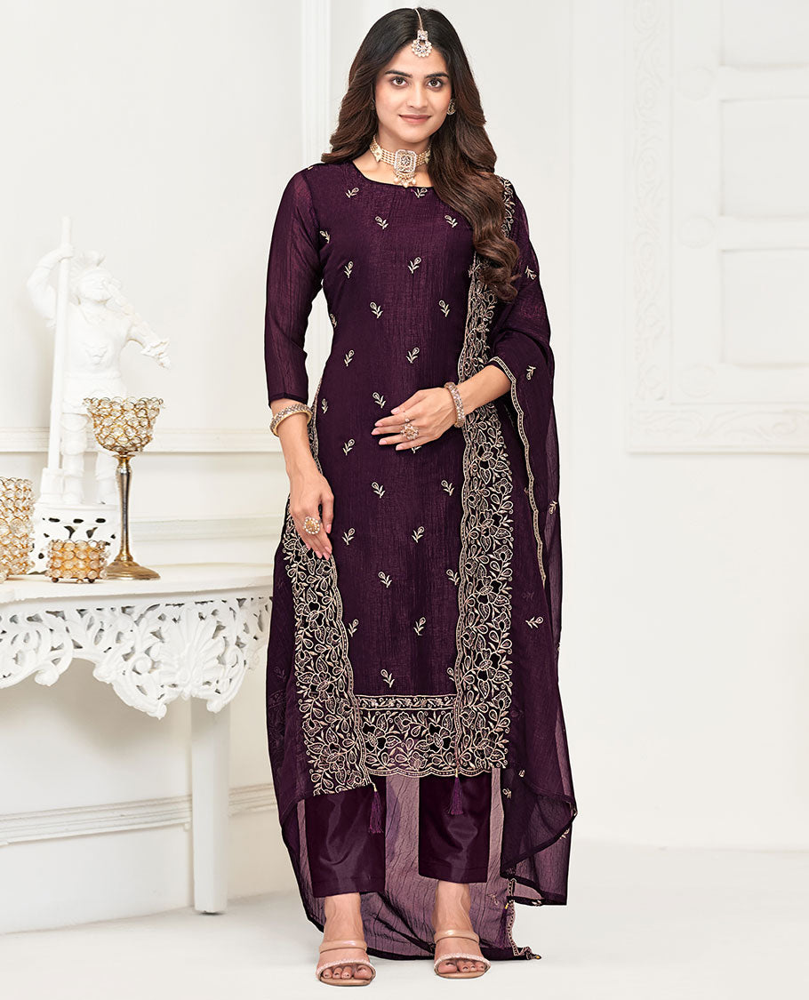 Violet material churidar catalouge floral thread embroidery with self plain bottom & floral tread embroidery , scallop border