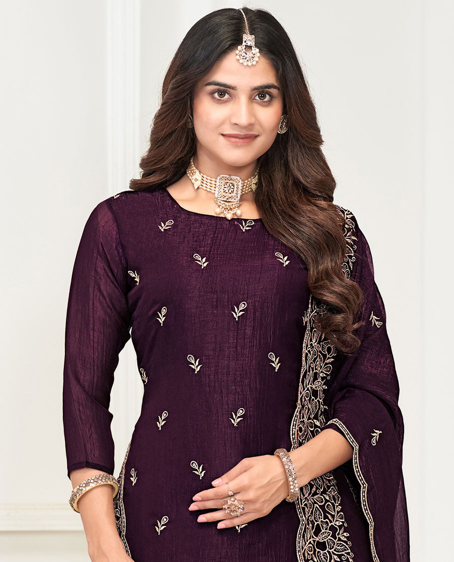 Violet material churidar catalouge floral thread embroidery with self plain bottom & floral tread embroidery , scallop border