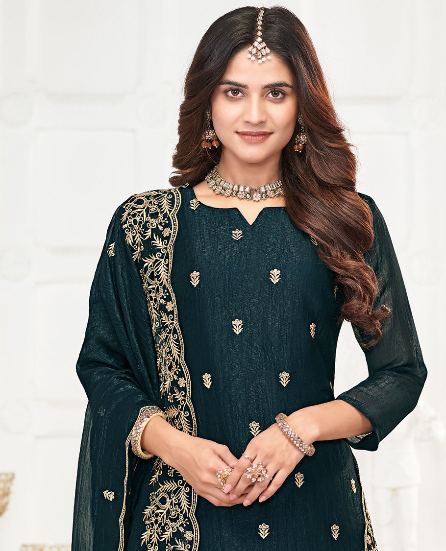 Green material churidar catalouge floral thread embroidery with self plain bottom & floral tread embroidery , scallop border