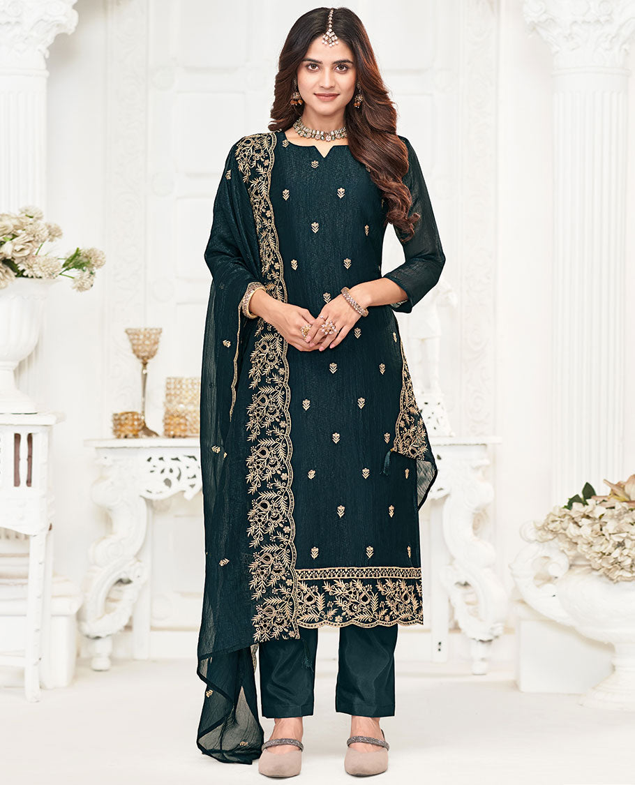 Green material churidar catalouge floral thread embroidery with self plain bottom & floral tread embroidery , scallop border