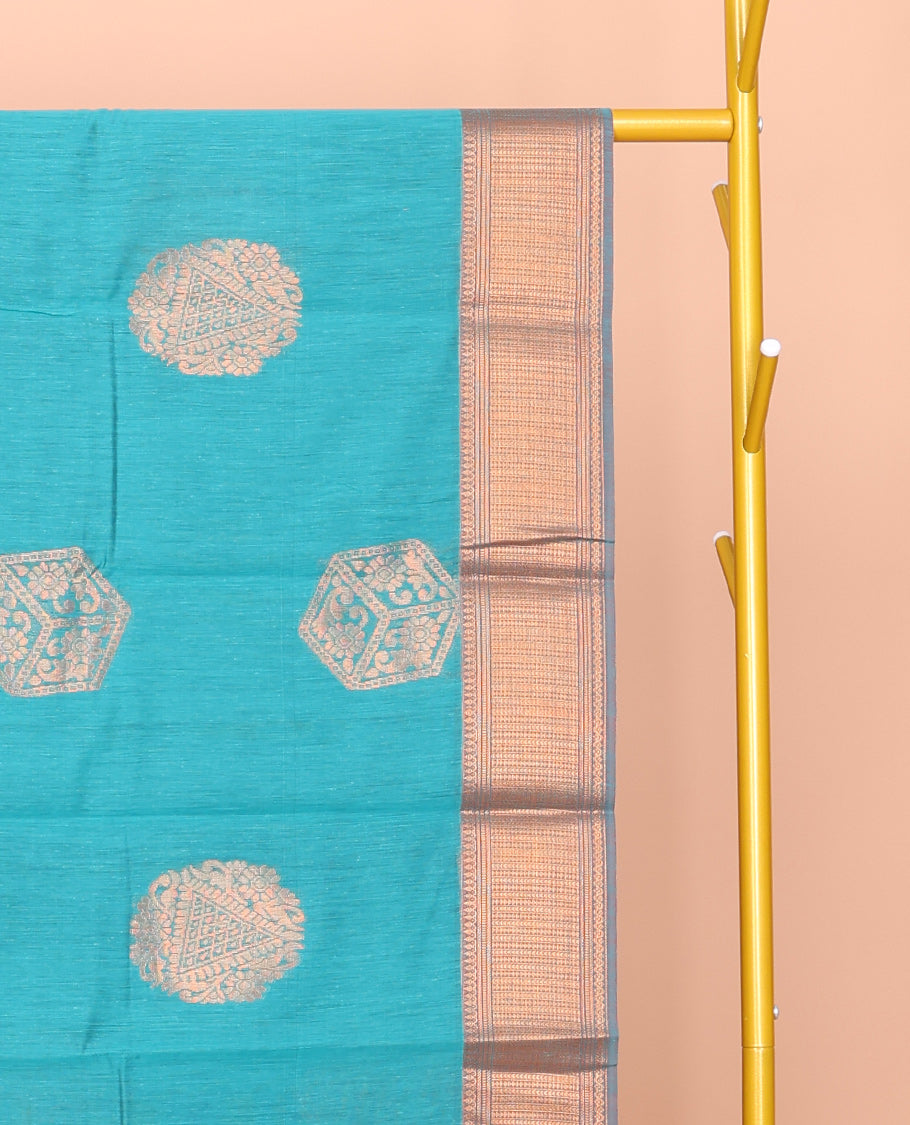 Blue Semi-Silk Cotton Saree, Featuring Zari Buttas All Over Its Body, Complemented by a Contrast Border of Traditional Design, Pallu of Intricate Designs, and Paired with a Contrast Blouse