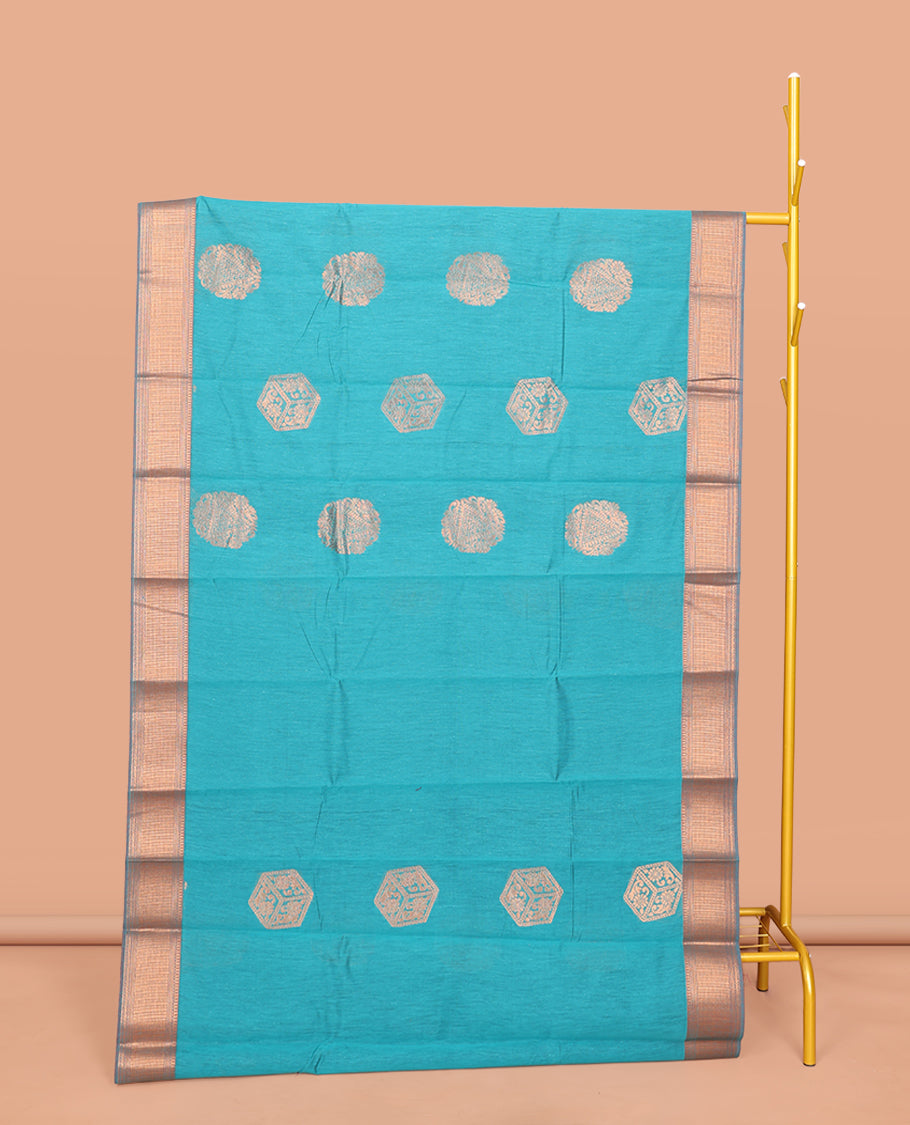 Blue Semi-Silk Cotton Saree, Featuring Zari Buttas All Over Its Body, Complemented by a Contrast Border of Traditional Design, Pallu of Intricate Designs, and Paired with a Contrast Blouse