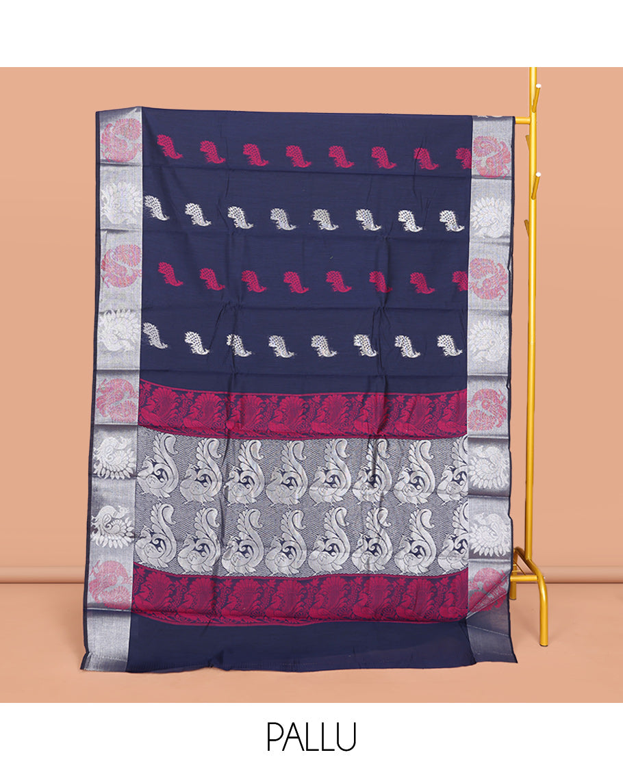 Navy Blue Semi-Silk Cotton Saree, Enriched with Peacock Buttas All Over Its Body, Highlighted by a Self-Border of Peacock Design, Pallu of Peacock Designs, and Paired with a Matching Blouse