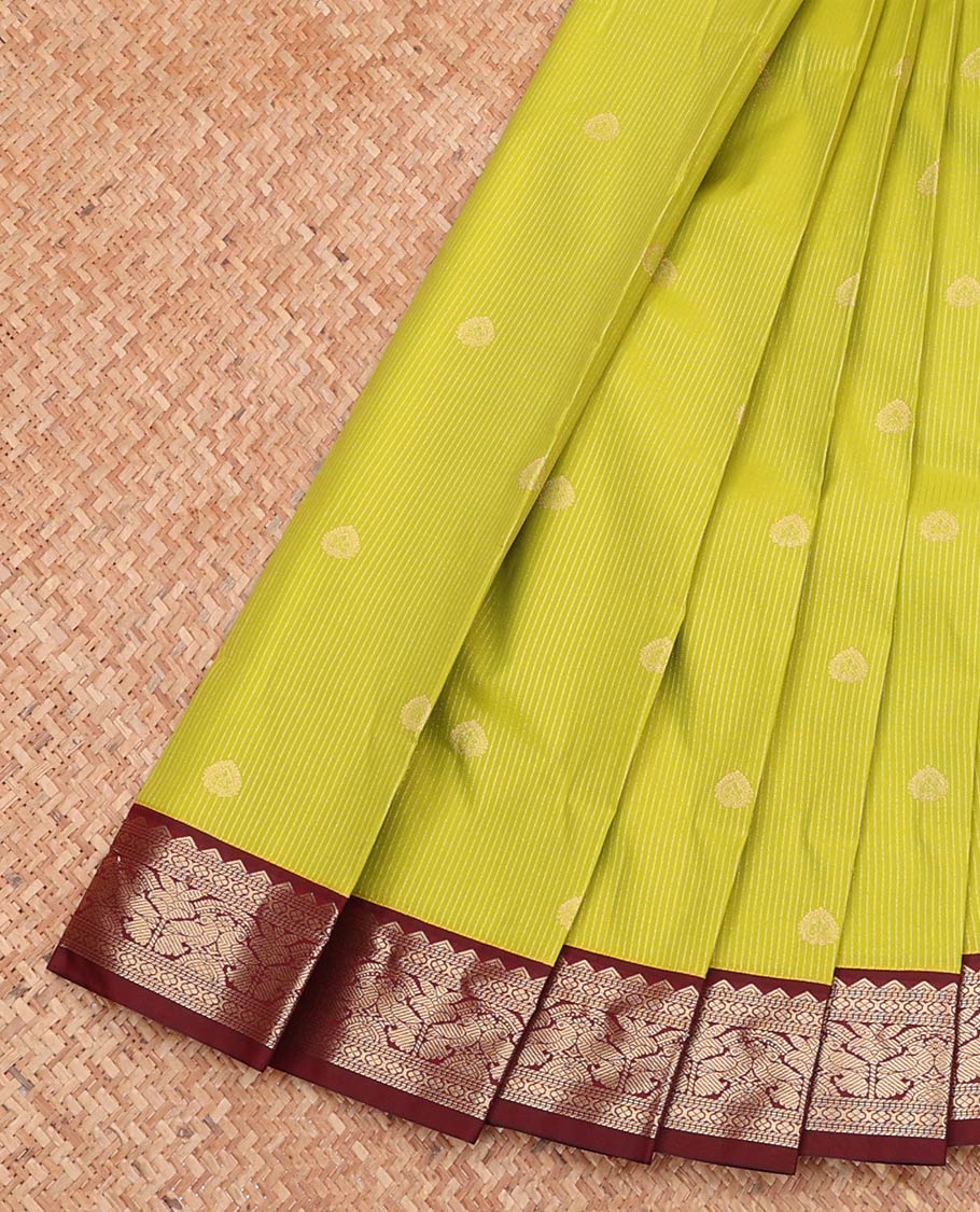 Leaf Green Budget Silk Saree, Sparsely Woven with Zari Buttas and Stripes, Complemented by a Contrast Traditional Zari Border, Grand Pallu, and a Contrast Blouse