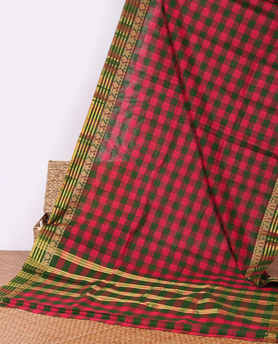 Red- green checked Chettinad cotton saree, traditional zari design border & striped pallu