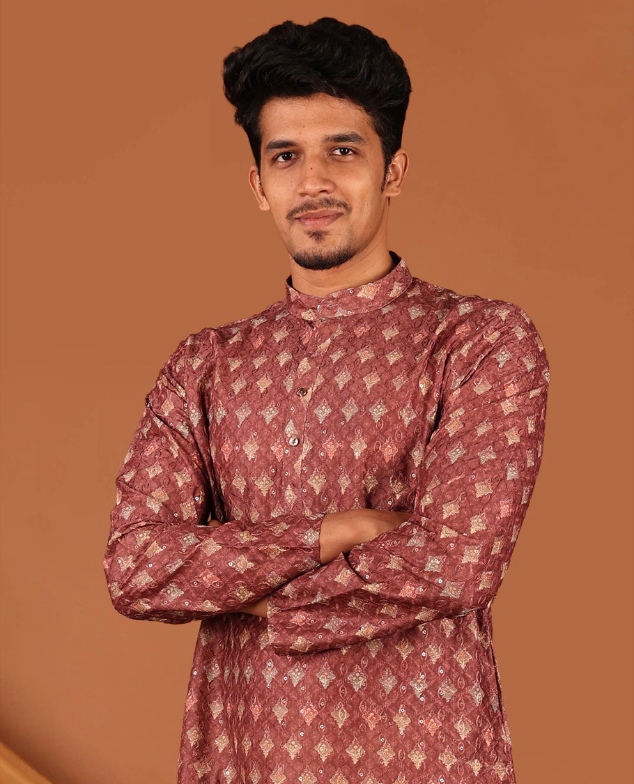 Terracotta Intricately Printed and Sequined Full-Sleeved Men's Kurta