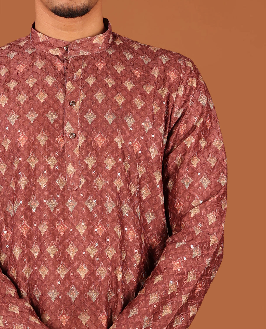 Terracotta Intricately Printed and Sequined Full-Sleeved Men's Kurta