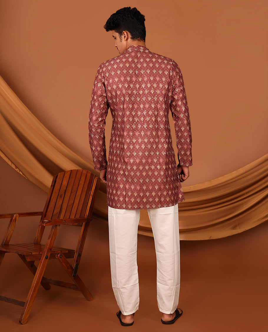 Terracotta Intricately Printed and Sequined Full-Sleeved Men's Kurta