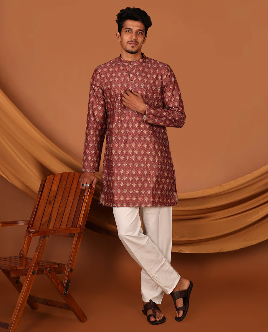 Terracotta Intricately Printed and Sequined Full-Sleeved Men's Kurta